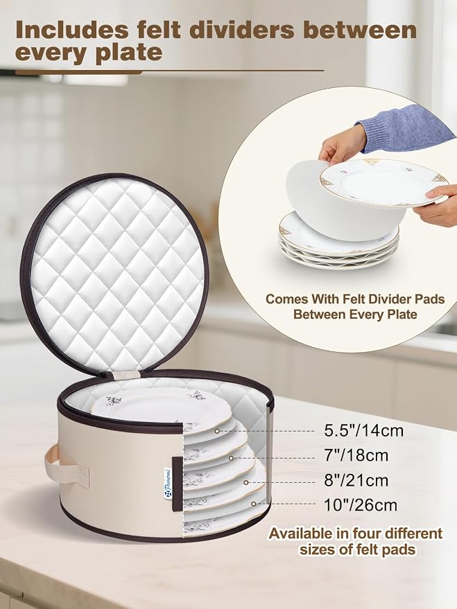 punemi Fine China Storage Containers, 5-Piece Hard Shell Set for Moving | Quilted dish protectors; with dividers, stackable organizer for coffee mug plates and dinnerware, for packing & moving, beige - Image 3