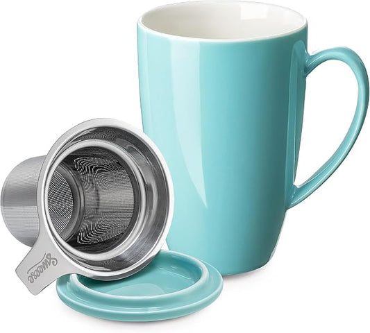 Sweese 15oz Porcelain Tea Mug with Infuser and Lid – Microwave Safe, Ergonomic Handle, Lead-Free Glaze, for Loose Leaf Tea by Sweese
