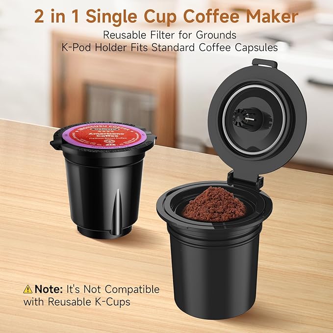 Small Single Serve Coffee Maker, One Cup Coffee Machine for K-Cup & Grounds | Portable Pod Coffee Maker, Fast Brew, 6 to 12 oz. Brew Sizes, One Button Design, Easy for Elder to Use, Space Saving, Black - Image 2