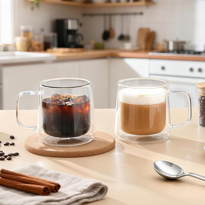 Aurzen 13oz Glass Coffee Mugs,Double Wall Insulated Glass Cups with Handle,Clear Espresso Mugs for Latte,Cappuccino,Tea Bag (4, 13oz) - Image 5