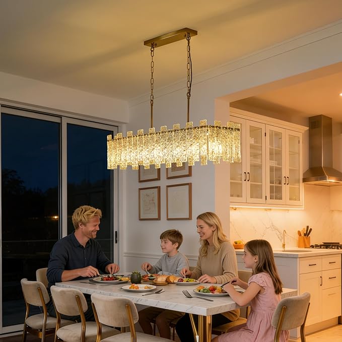 L39 inch Gold Rectangle Crystal Chandelier, Modern Rectangular Water Ripple Glass Dining Room Chandeliers Light Fixture, 6-Lights Hanging Pendant Light for Kitchen Island, Living Room - Image 2