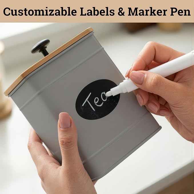 Kitchen Canisters for Countertop Set of 4 w/ Chalkboard Labels & Marker Pen | Airtight Easy Open Bamboo Lids, Dent-Resistant Thick Metal, Customizable Chalkboard Labels, Marker Pen Included, Set of 4 - Image 5