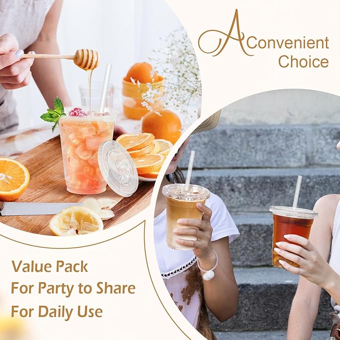 16 oz 50 Pack Plastic Cups with Lids and Straws, Sturdy Food Safe Iced Clear Coffee Cups Disposable Smoothie Cups for Cold Drinks