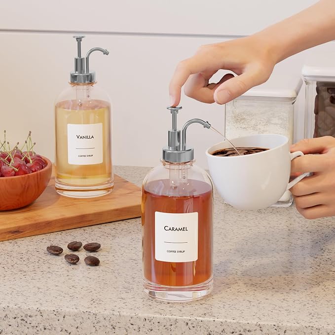 16.9 oz/500 ml Coffee Syrup Dispenser Set - 4 Glass Bottles with Silver Pumper and Syrup Labels - Precise Dispensing and Stylish Addition to Coffee Shop, Cafe or Home Bar - Image 3