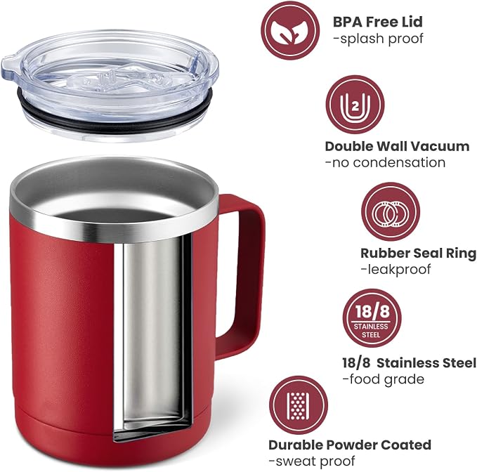 MEWAY 12oz Coffee Mug With Handle 2 Pack Bulk,Stainless Steel Insulated Travel Tumblers With Sliding Lid,Double Wall Vacuum Camping Cup for Hot & Cold Drinks Tea (Red,Set of 2) - Image 2