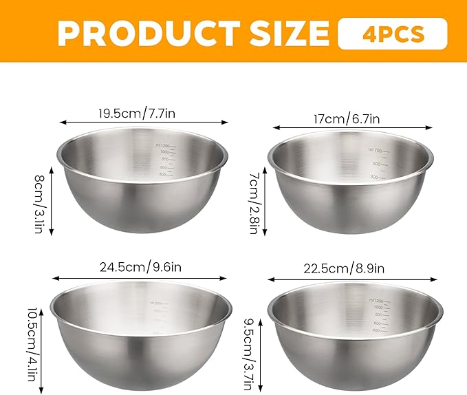 Stainless Steel Mixing Bowl Set, 700/1200/1800/2000ml Large Mixing Bowl with Scale, Stackable Thickened Kitchen Tools for Cooking, Baking, PreppingChristma