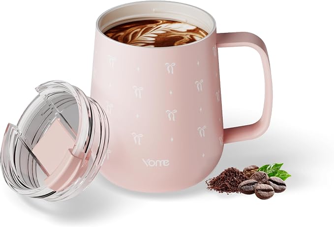YOME 10oz Bow Light Pink Insulated Coffee Mug with Handle for Women | Ceramic Lined Coffee Mug with Splash-Resistant Lid| Pure Taste Stainless Steel Coffee Cup | Easy to Clean | Keeps Drinks Cold by KEEPCOOLSTAYYOU