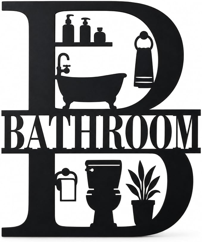 Bathroom Metal Wall Decor, Farmhouse Restroom Sign, 14 Inch | 14-inch matte black metal bathroom sign with pre-drilled holes for farmhouse, modern, or rustic restroom wall decor. by Bosfori
