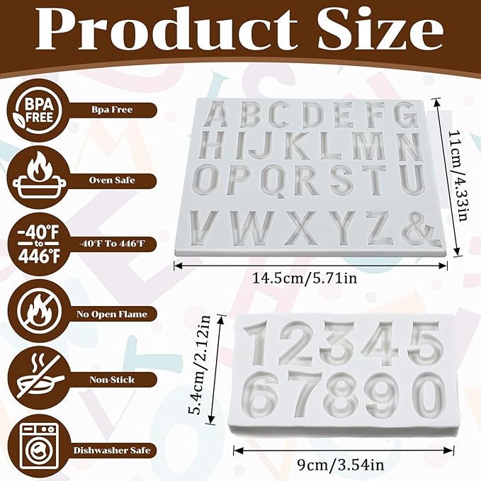 2Pcs Alphabet Numbers Silicone Molds Set, Reusable Silicone Molds for Craftse, Non-Stick Fondant Mold for Baking, Cake Decorating, and Edible Crafts