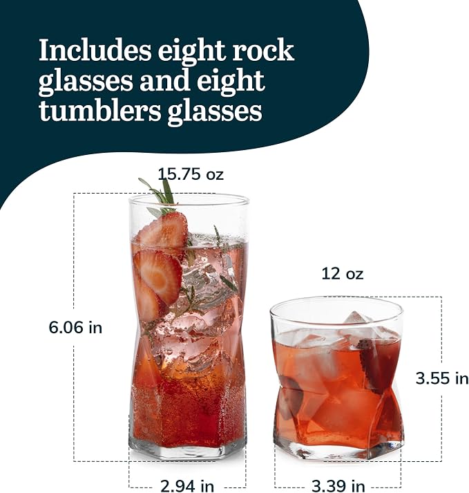 Libbey Rhombus Tumbler and Rocks Drinking Glasses Set of 16, Fun Geometric Glass Cups Set, Kitchen Glasses Set for Cocktails, Water, and Everyday Use - Image 3