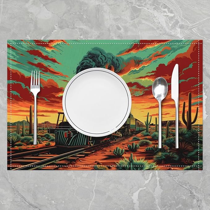 Feelyou Train Placemats Set of 4 Colorful Steam Engine Table Mats for Party Kitchen Dining Decoration Transportation Vehicle Place Mat for Table Holiday Decor Indoor Outdoor 18"x12" Easy to Clean - Image 2