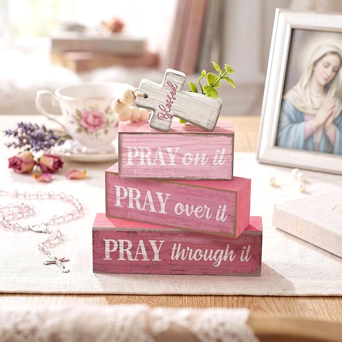 Moucuny 4 Pcs Pink Christian Table Decor Cross Wooden Bible Verse Sign Religious Pink Pray Block Signs Gifts with Beaded Garland Tassel Artificial Plant Farmhouse Christian Home Decor for Office Shelf - Image 7