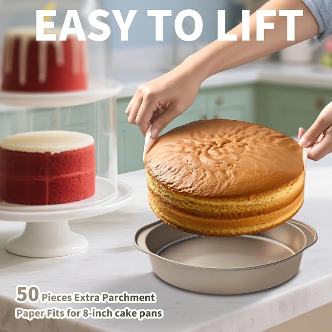8 Inch Cake Pans, 3PCS Nonstick Round Baking Pans with 50PCS Parchment Papers, Durable Birthday Circle Cake Baking Pan with Handle for Multi-Layer Cakes, Dishwasher Safe (Gold, 8 inch) - Image 3