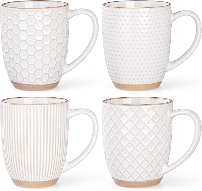GBhome Large Coffee Mugs Set of 4, 16oz Handmade Embossed Coffee Mugs Set with Large Handle for Cappuccino/Latte/Tea/Hot Cocoa, Dishwasher & Microwave Safe, Off White by GBhome