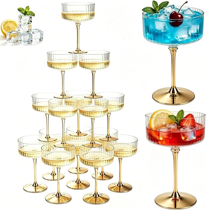 PLULON 12 Pcs Plastic Coupe Martini Glasses Cocktail Champagne Cup 10 Oz | Ribbed Transparent with Gold Stem Martini Espresso Glasses for Bar Drinking Gifts Wedding Birthday Party, Detachable Cup by PLULON