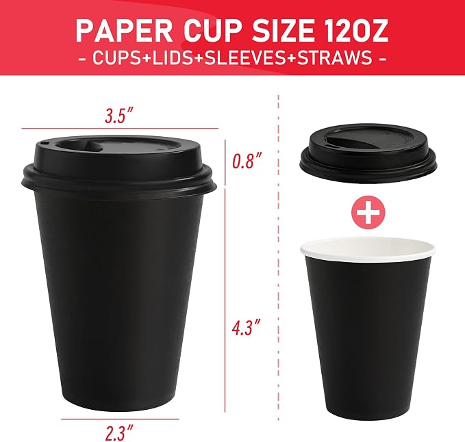 12 oz Paper Coffee Cups with Lids 100 Pack, Black Disposable Hot Coffee Cups with Lids, To Go Cups, for Parties, Picnic, Travel, and Events - Image 5