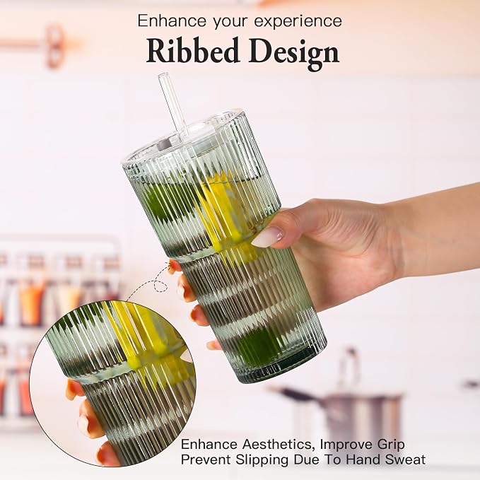 4PCS Green Ribbed Glass Cups with Lids and Straws, 20oz Vintage Drinking Glasses, Aesthetic Iced Coffee Cups, Glass Tumbler for Boba, Beer, Tea, Cocktails, Green Ribbed Glassware Set - Image 3