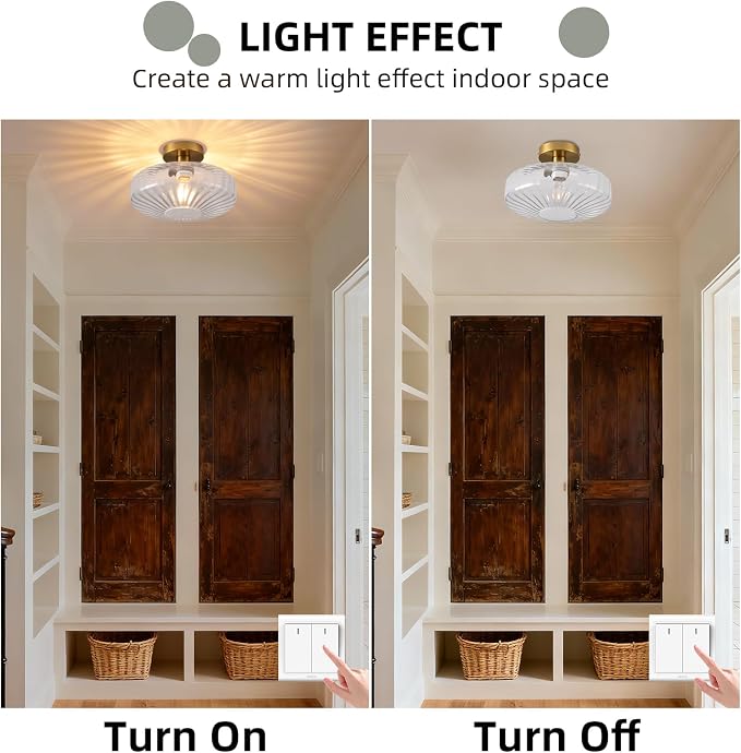 Semi Flush Mount Ceiling Light, 11.8 Inch Vintage Clear Crystal Glass Ceiling Light Fixture,Dining Room Lighting Fixtures for Kitchen, Hallway, Foyer, Bedroom, Bathroom, E26 Base (Bulb Not Included) - Image 5