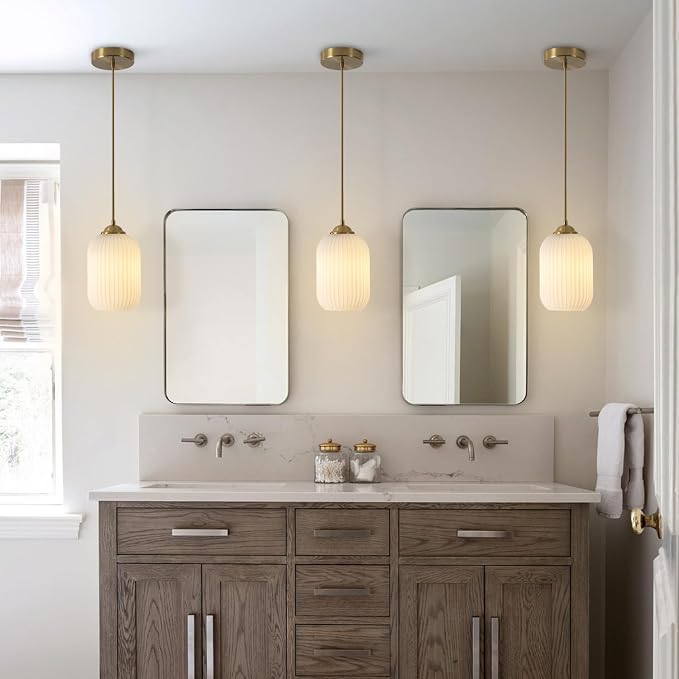KCO Lighting Brass Gold Mini 5.5” Ribbed Cylinder White Glass Pendant Light | Adjustable Cord E26 Hardwired Hanging Lamp Mid Century Modern Vintage Hanging Light for Kitchen Island Bedroom Dining Room - Image 7
