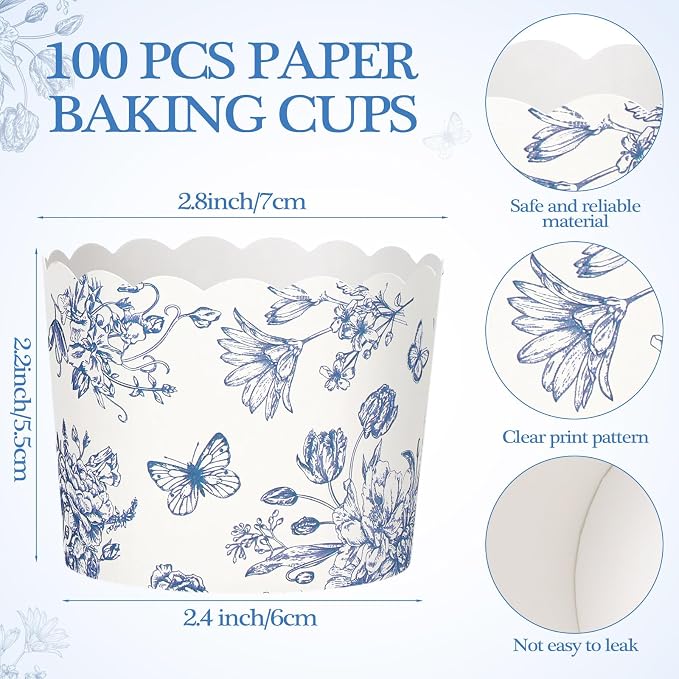 Qinyoung 150 Pcs Blue Floral Cupcake Wrappers Liners Blue White Chinoiserie Wildflower Paper Baking Cups Disposable French Vintage Cupcake Muffin Cases for Wedding Baby Shower Birthday Tea Party Decor - Image 2