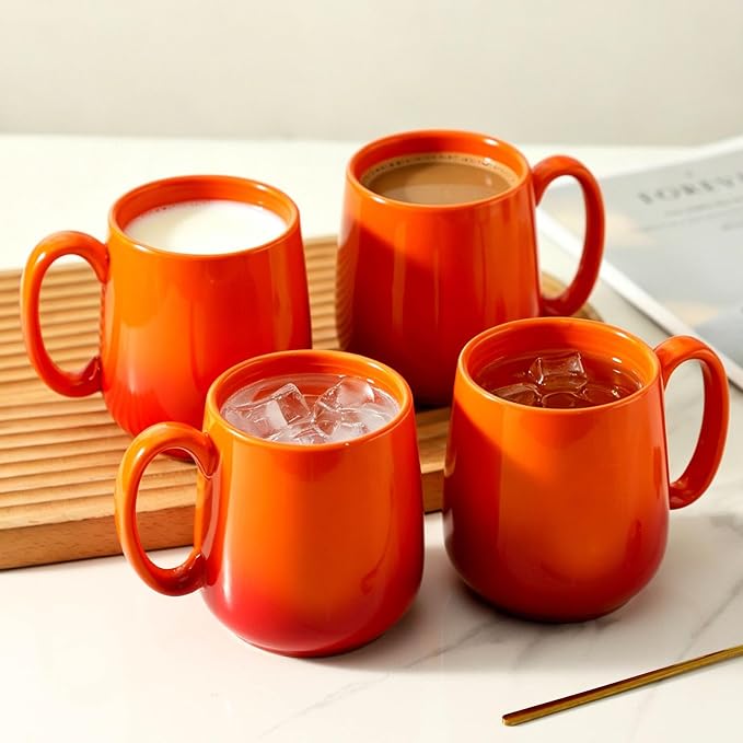 HASENSE Set of 4 Ombre Coffee Mugs, 15oz Large Ceramic Cups – Dishwasher & Microwave Safe, Orange Gradient Cappuccino Latte Tea Handle Cup, Housewarming Gift - Image 5
