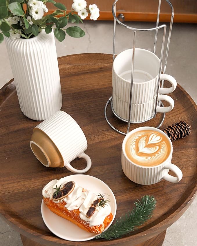Ceramic Coffee Mugs with Stand,15 Oz Stackable Coffee Cups Set of 4 for Latte,Milk,Tea,Gift for Thanksgiving New Year Housewarming,Dishwasher & Microwave Safe,White Patchwork Color - Image 2