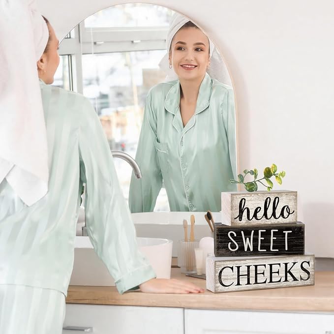 Moucuny 4 Pcs Bathroom Shelf Decor Hello Sweet Cheeks Sign Farmhouse Bathroom Decor and Accessories Rustic Eucalyptus Leaves Wood Block Sign Gift Sweet Home Table Centerpiece for Home Office - Image 6