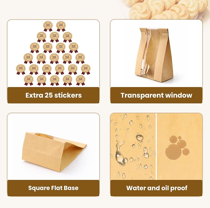 WIKDAY Paper Cookie Bags with Window 100PCS Small Treat Bread Bakery Bags | Tin Tie Tab Lock, with Thank You Seal Stickers, 3.5x2.3x7.5in, for Baked Food Packaging Storage Gift Giving Cottage Business - Image 5