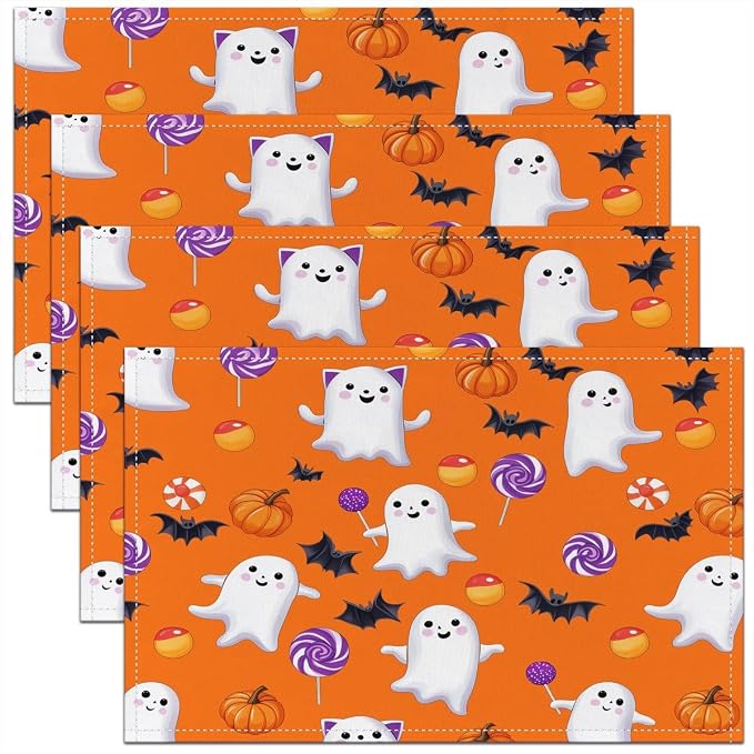 Feelyou Happy Halloween Placemats Set of 4 Cute Ghost Pumpkin Table Mats for Party Kitchen Dining Decoration Holiday Seasonal Orange White Purple Place Mat for Dinner Table Indoor Outdoor 18"x12" Bats by Feelyou