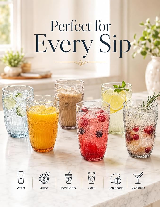 13 OZ 6 Pack Vintage Drinking Glasses Set, Colorful Textured Glass Water Tumblers Cups -Embossed Striped Glassware for Water, Cocktails, Juice, Iced Coffee, Beer(Imperial Arch style) - Image 6