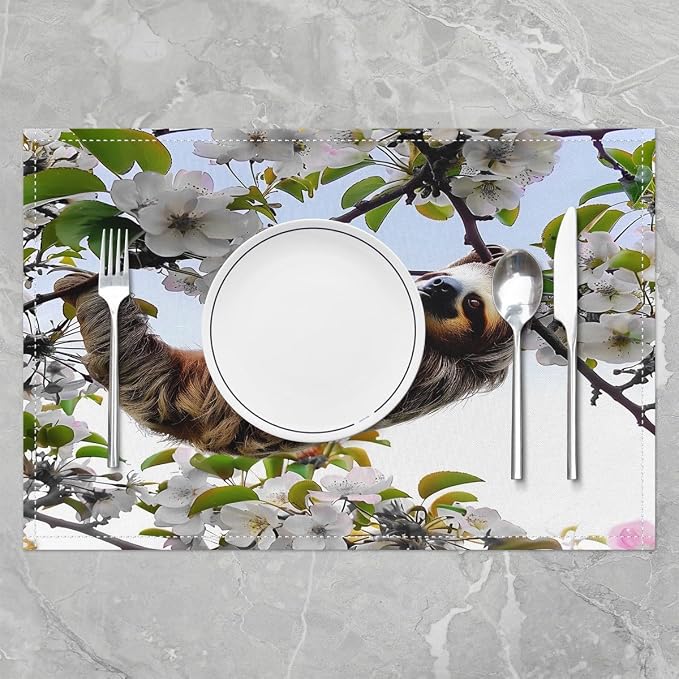 Feelyou Kids Cute Sloth Placemats Set of 4 18"x12" Kawaii Animal Table Place Mats Decor Cartoon Cherry Blossoms Placemat for Kitchen Dining Table Wild Animal Indoor Outdoor Decor Table Mats - Image 2