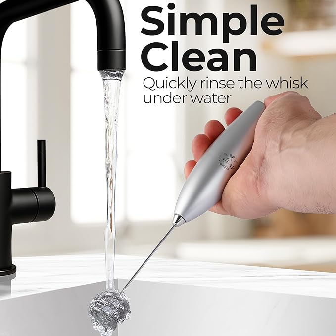 Zulay Kitchen Tornado Whisk Milk Frother with 4 AA Duracell Batteries - Triple Whisk for More Power - Handheld Coffee Frother with Stand - Drink Mixer for Lattes, Matcha & Protein Shakes