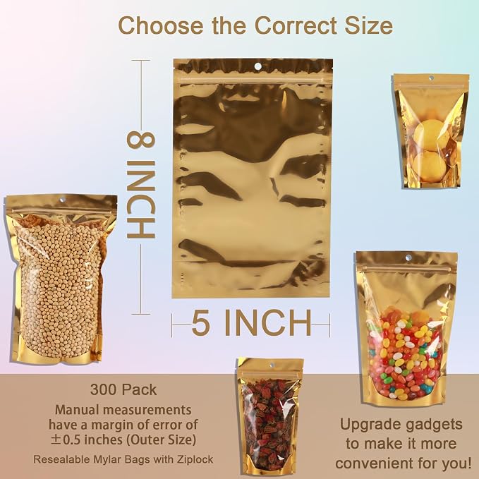 300 Pcs Mylar Bags for Food Storage 5x8 Mylar Bag with Window Stand Up Small Resealable Bags Smell Proof Bag Food Packaging for Small Business Freeze Dried Candy Jewelry Foil Packaging Gold - Image 4