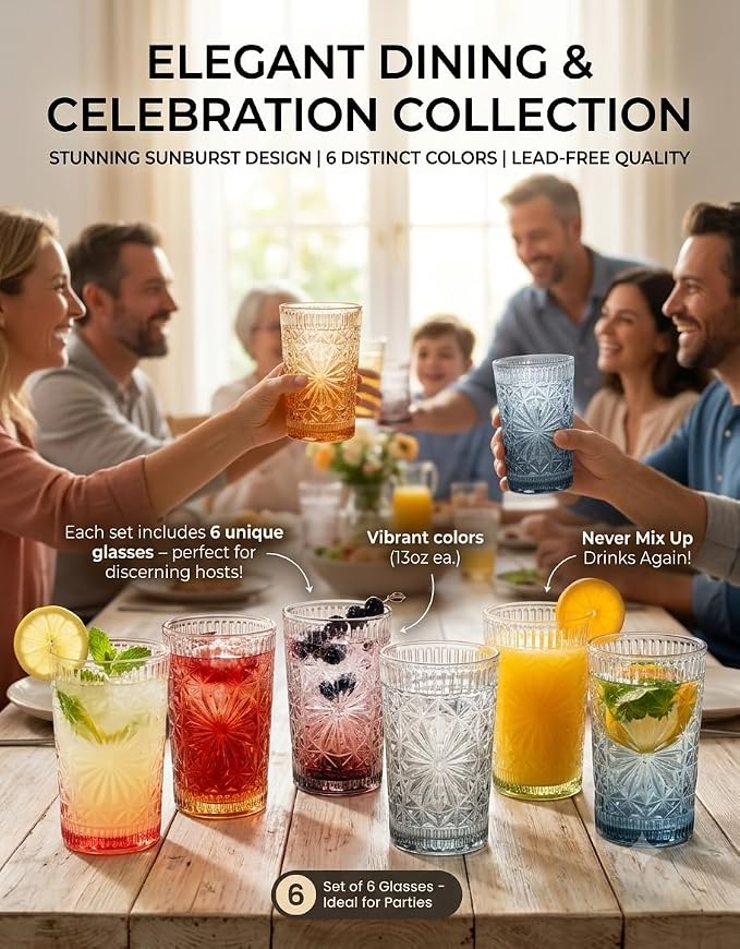 Colored Vintage Drinking Glasses Set of 6, 13 oz Gradient Embossed Highball Glasses, Textured Glass Cups Tumblers for Water, Iced Coffee, Juice & Cocktails, Dishwasher Safe(Dahlia style) - Image 9