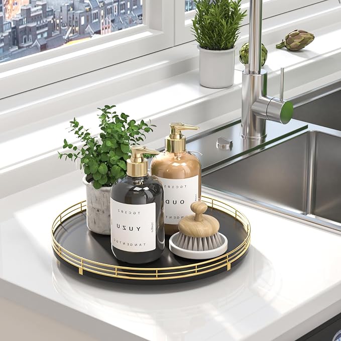Oroyutor 13-Inch Oak Lazy Susan Vanity Tray with Gold Metal Rail | Rotating oak tray organizes spices, toiletries and decor on kitchen counters, bathroom vanities, dining and coffee tables. - Image 3