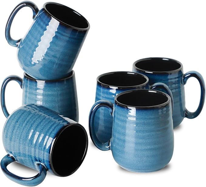 HASENSE Porcelain Coffee Mugs Set of 6, 15 Ounce Large Ceramic Coffee Cups Set with Handle for Latte, Tea, Cocoa and Hot Chocolate, Blue Coffee Mugs for Men and Women, Microwave Safe by Hasense