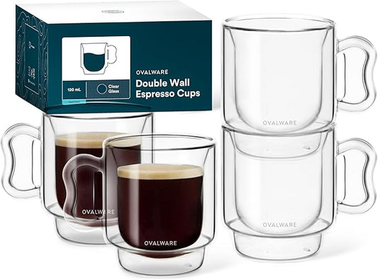 ovalware RJ3 Espresso Coffee Glass Cups 4oz/120ml (Set of 4) Double Walled w/Solid Butterfly Handle - Elegant Borosilicate Espresso Shot Mug - Stackable Insulated Transparent Demitasse Glass