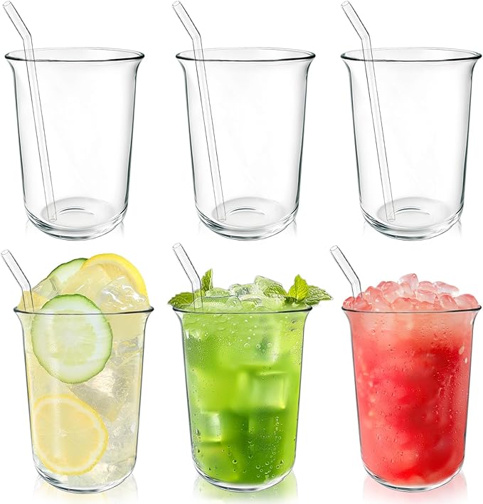 Cheardia 6 Pack Drinking Glasses, 16 OZ Clear Highball Glasses with Glass Straws, Crystal Versatile Glassware Set for Juice Coffee Cocktail Home Restaurant Party, Dishwasher Safe, Lead-Free by Cheardia