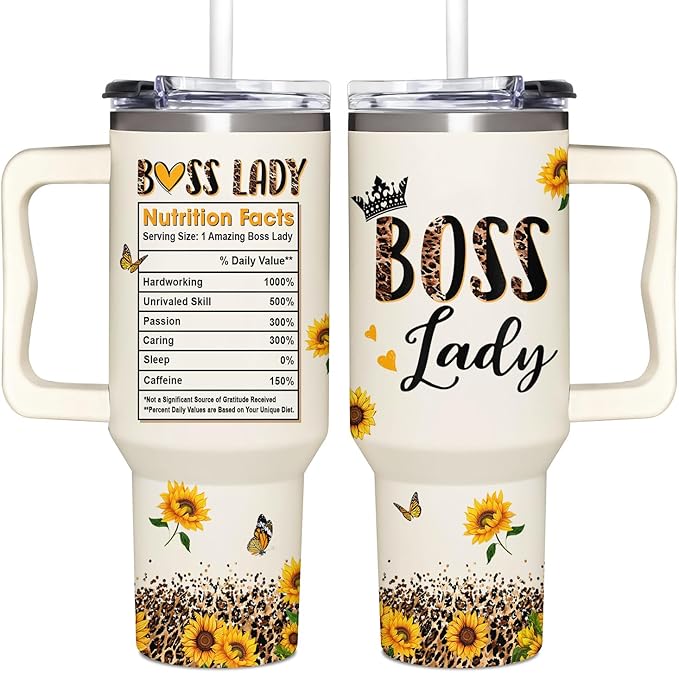 Boss Lady Tumbler 40oz with Handle - Sunflower Gifts for Women, Administrative Professional Day, Christmas - Thank You Gift for Manager