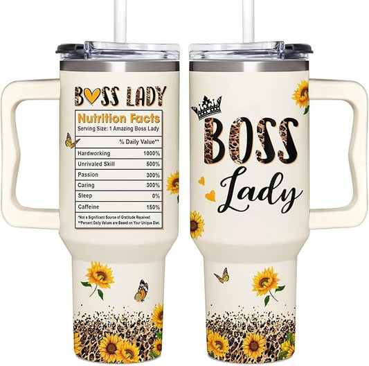 Boss Lady Tumbler 40oz with Handle - Sunflower Gifts for Women, Administrative Professional Day, Christmas - Thank You Gift for Manager