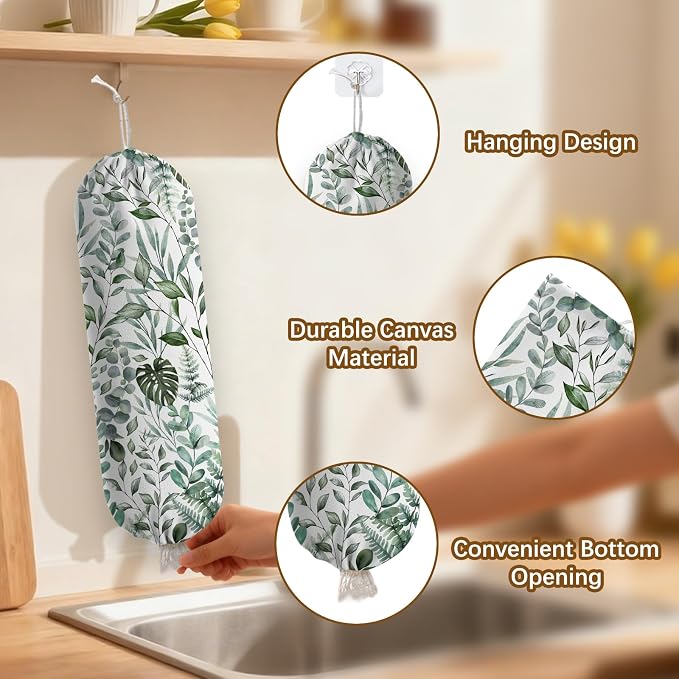 Plant Plastic Bag Holder, Wall Mount Organizer for Reusable Canvas Grocery Bags, Plants Hanging Plastic Bag Dispenser, Green Leaves Shopping Bags Storage Dispenser Decorative Home Kitchen Pantry Decor - Image 3