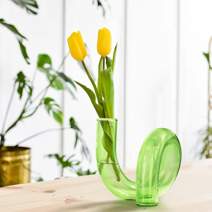 Joeyan Handmade Small Green Glass Flower Vase,Decorative Geometric Glass Bud Vase for Modern Home Centerpieces Living Room Office,4.72" Abstract Vase for Single Flower and Dry Flowers - Image 5