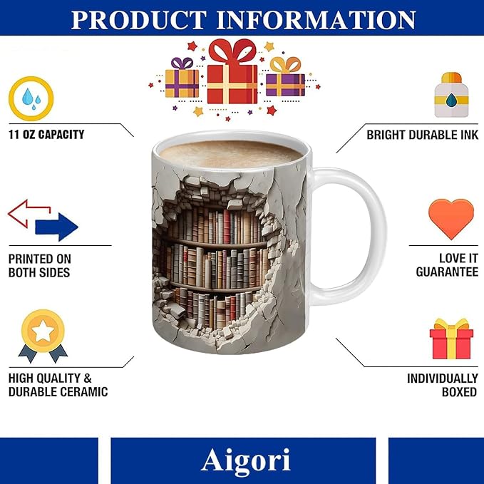 Library Bookshelf Mug,Book Lovers Cup,Birthday Gifts for Men Women | Cool Bookish Ceramic Coffee Mug 11oz, Fun and Creative Book Club Mug, Novelty Bookish Gifts for Halloween Christmas Readers - Image 2