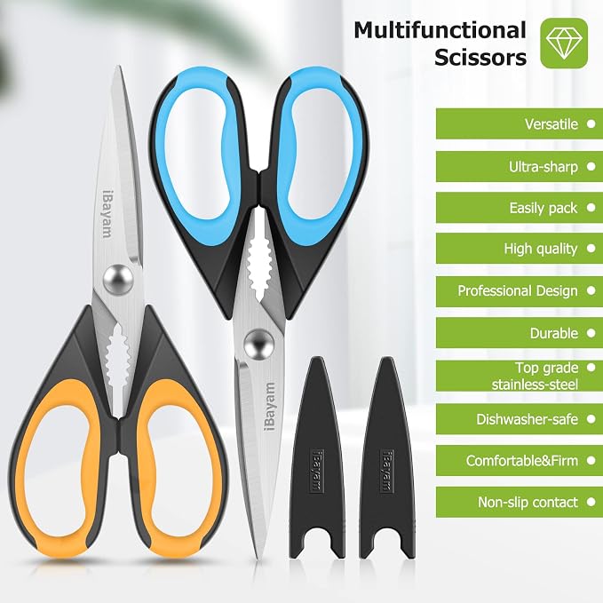 Kitchen Scissors, iBayam 2-Pack 8.7" Kitchen Shears Heavy Duty All Purpose | Stainless Steel, Comfort-Grip Handles, Dishwasher Safe Sharp Scissors Food Cooking Chicken, Poultry, Fish, Meat, Herbs - Image 7
