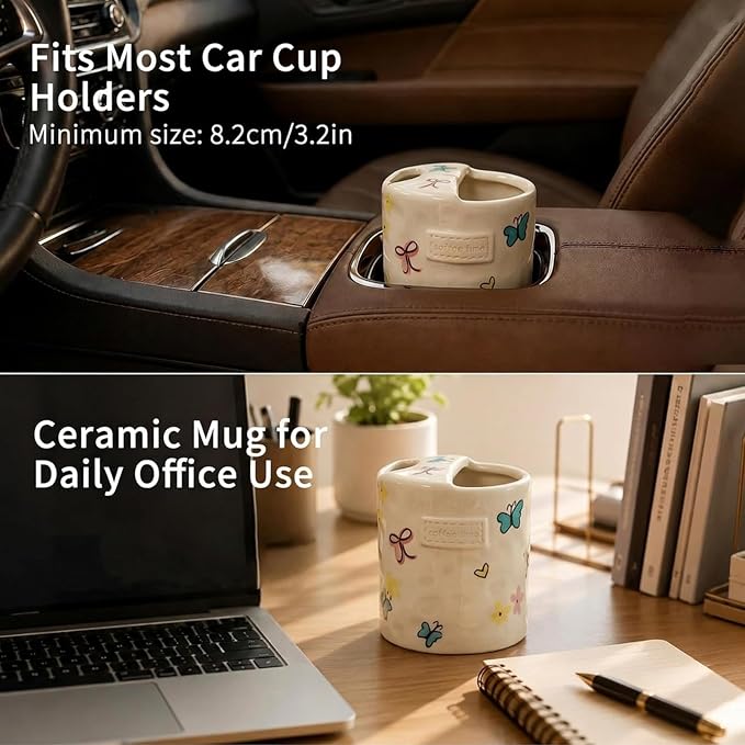 Ceramic Travel Mug with Half Lid, Handmade Butterfly Pottery Mug, Ceramic Coffee Mugs Porcelain Coffee Cup Use for Kitchen Dining Office, White - Image 5