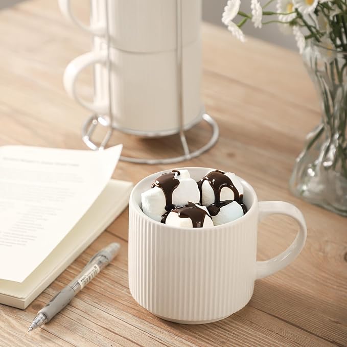 HASENSE Stackable Coffee Mugs,15oz Coffee mugs Set of 4,Ceramic Coffee Mug with Rack,Porcelain Coffee Cups for Latte,Cocoa, Americano, Hot Tea and Milk,Vertical Striped,White - Image 6