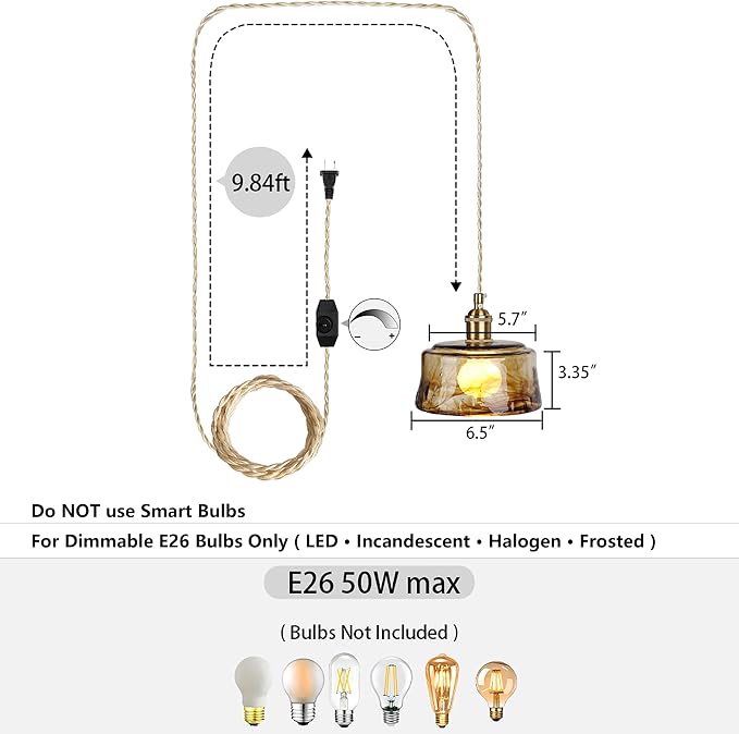 Sedelan Plug in Hanging Light, Glass Hanging Lights with Plug in Cord，Dimmable Pendant Lights Kitchen Island, Vintage Pendant Light Fixtures for Living Room Bedroom Hallway - Image 6