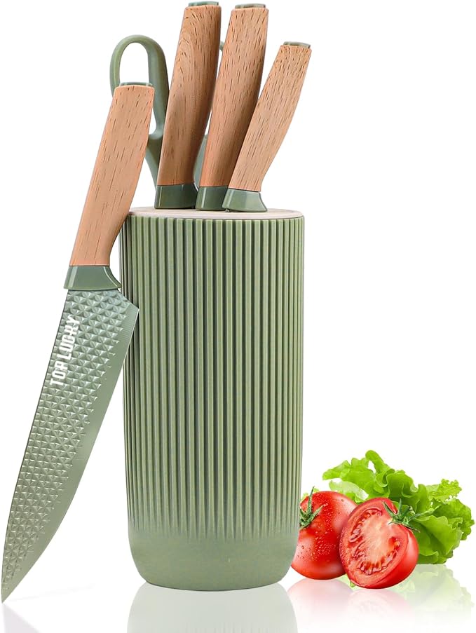 Kitchen Knife Set, Retrosohoo 6-Pieces Green Sharp Knife Set for Kitchen, Non-stick Non-slip Stainless Steel Chef Knife Set with Universal Knife Block Suitable for Home Restaurant (Green) by RETROSOHOO