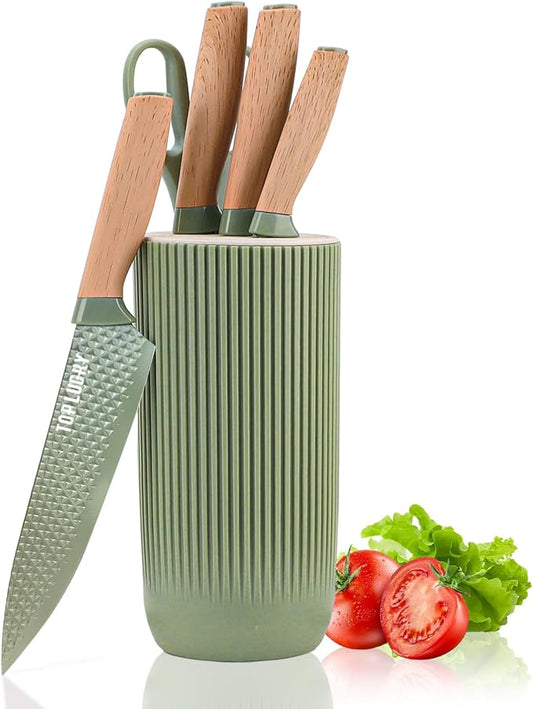 Kitchen Knife Set, Retrosohoo 6-Pieces Green Sharp Knife Set for Kitchen, Non-stick Non-slip Stainless Steel Chef Knife Set with Universal Knife Block Suitable for Home Restaurant (Green) by RETROSOHOO