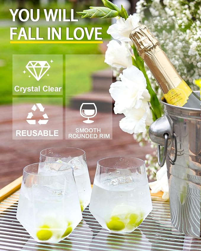 40 Pack Plastic Wine Glasses, 12 Oz Disposable Cocktail Whiskey Glasses | Clear Diamond Stemless Champagne Margarita Glasses, Unbreakable Reusable Plastic Party Cups for Wedding Birthday - Image 4